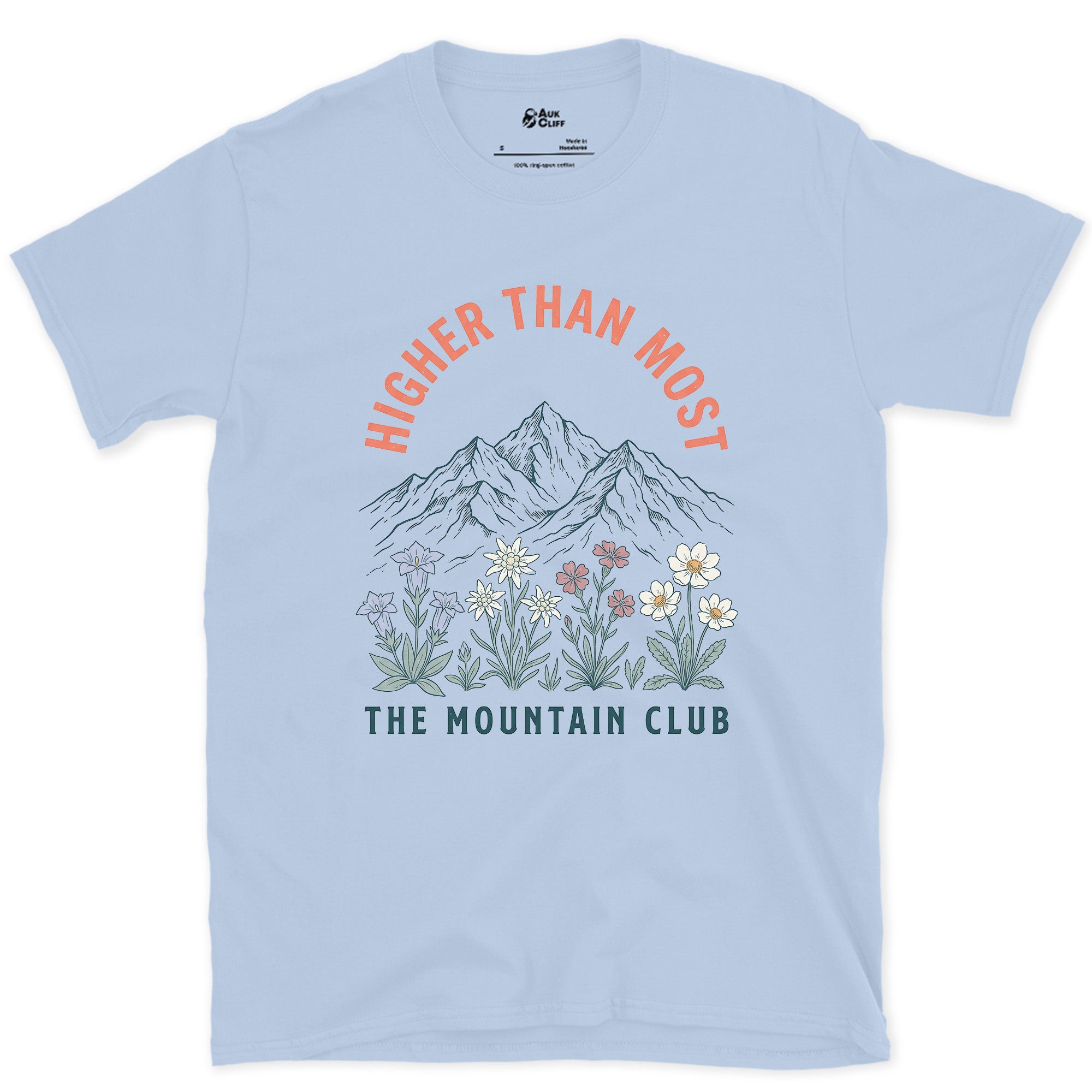 Higher Than Most, Mountain Club design on a Light Blue Gildan Softstyle t-shirt