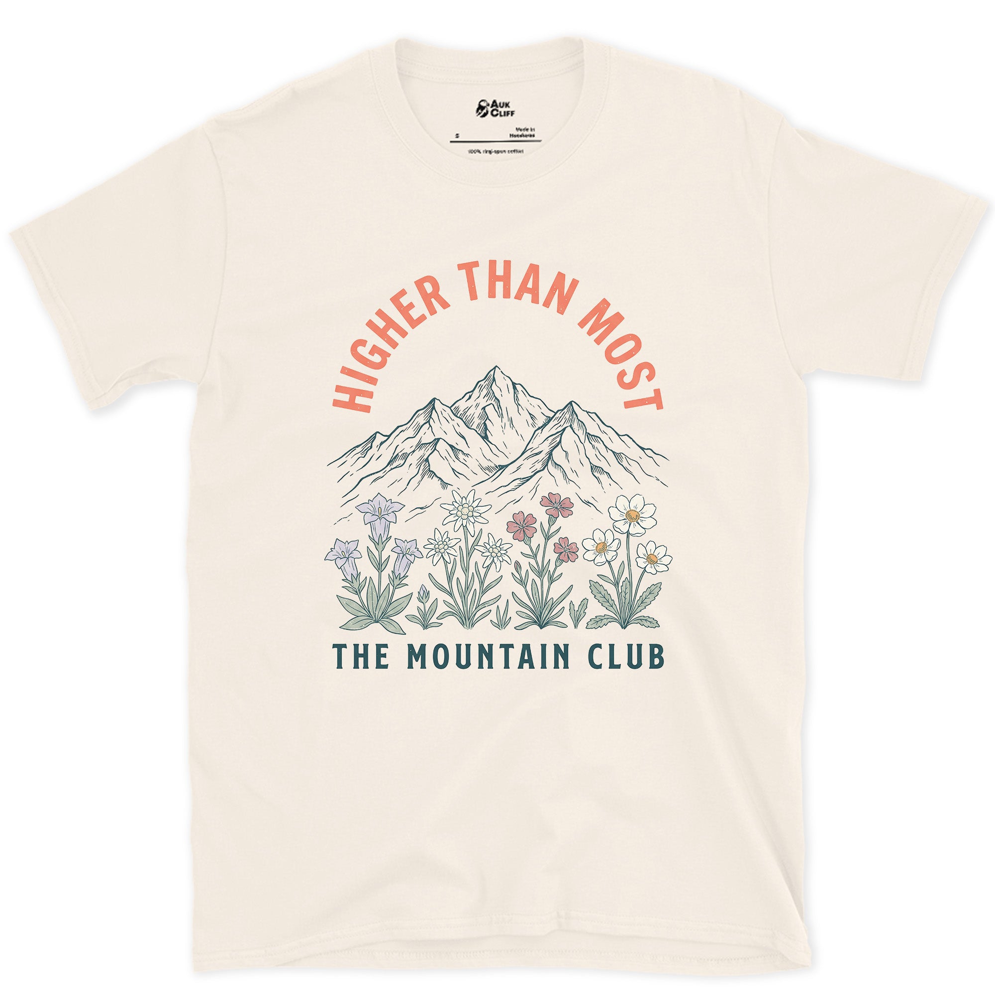 Higher Than Most, Mountain Club design on a Natural Gildan Softstyle t-shirt