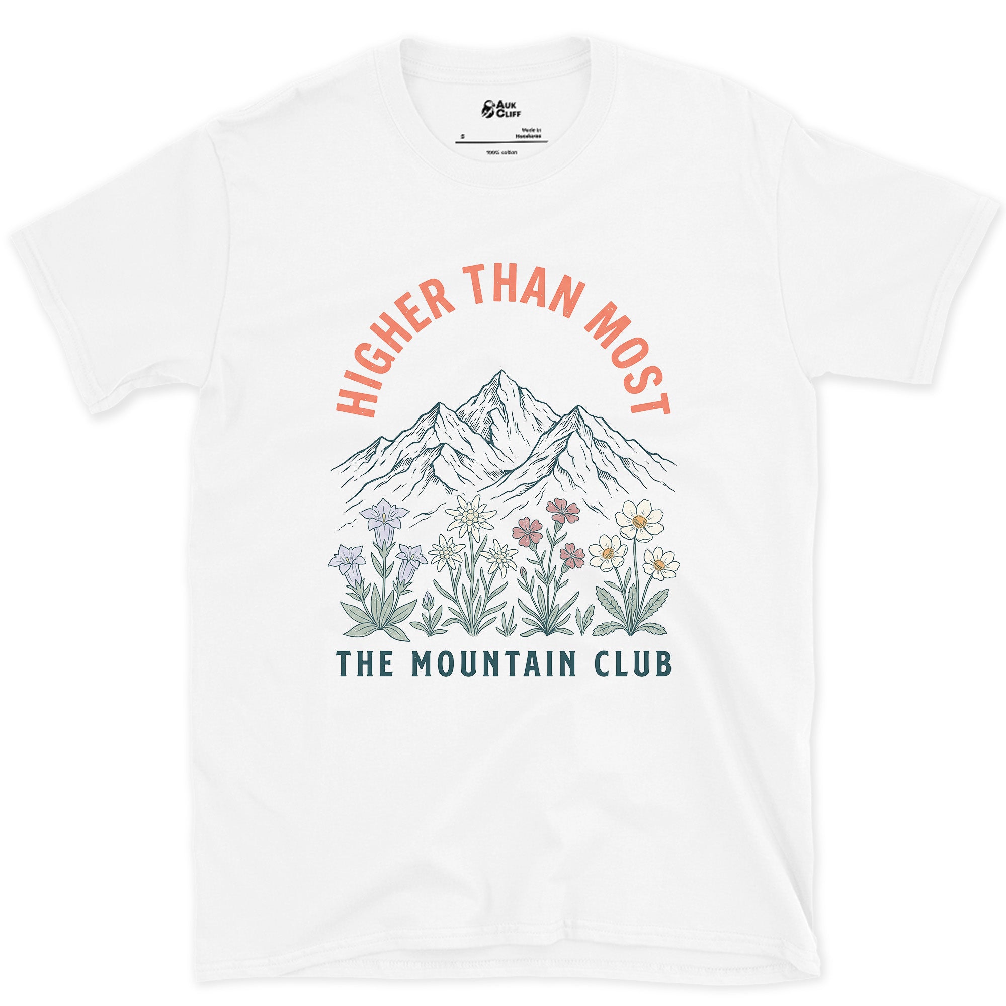 Higher Than Most, Mountain Club design on a White Gildan Softstyle t-shirt