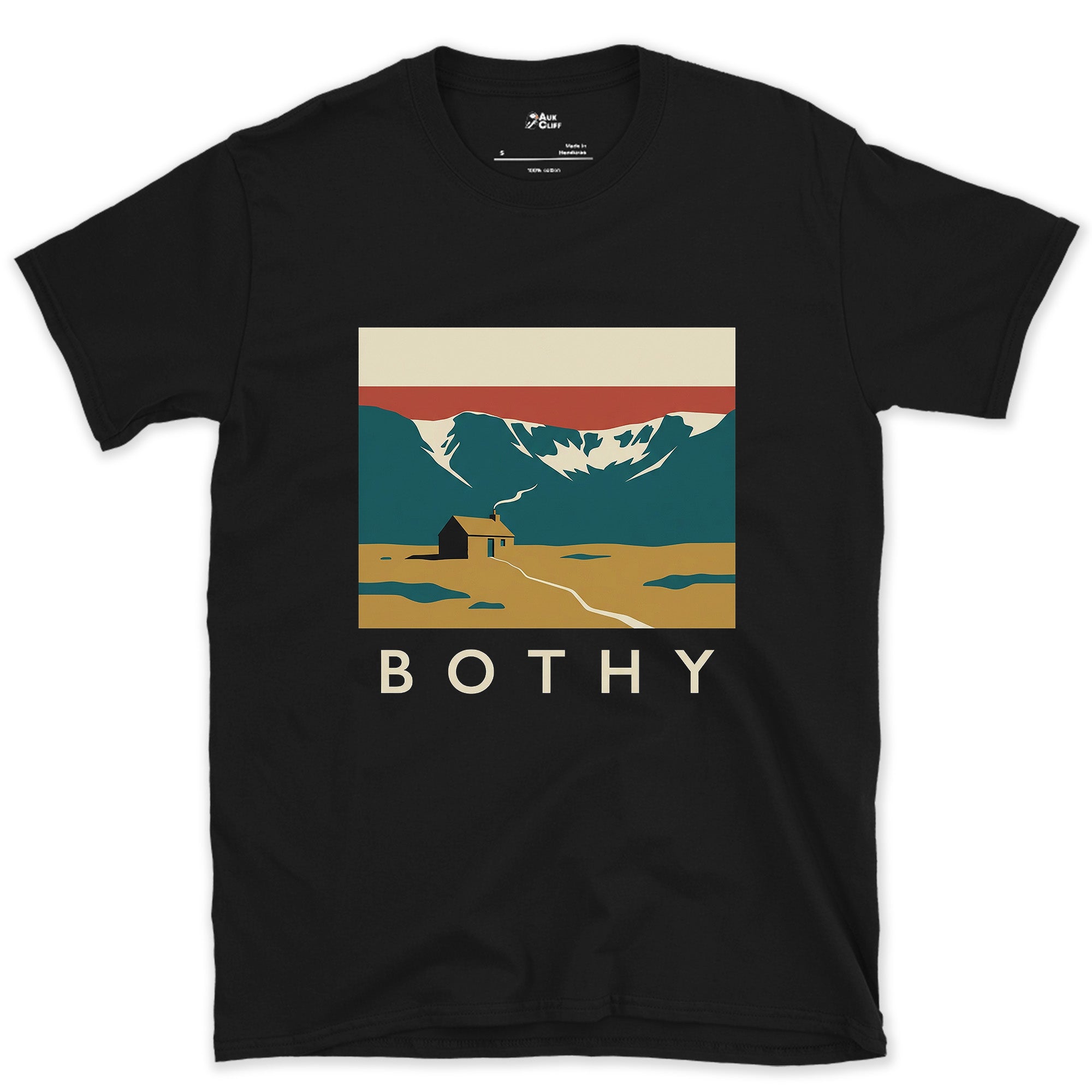 Bothy Hut Smoke on an Empty Moor design on a Black Gildan Softstyle t-shirt