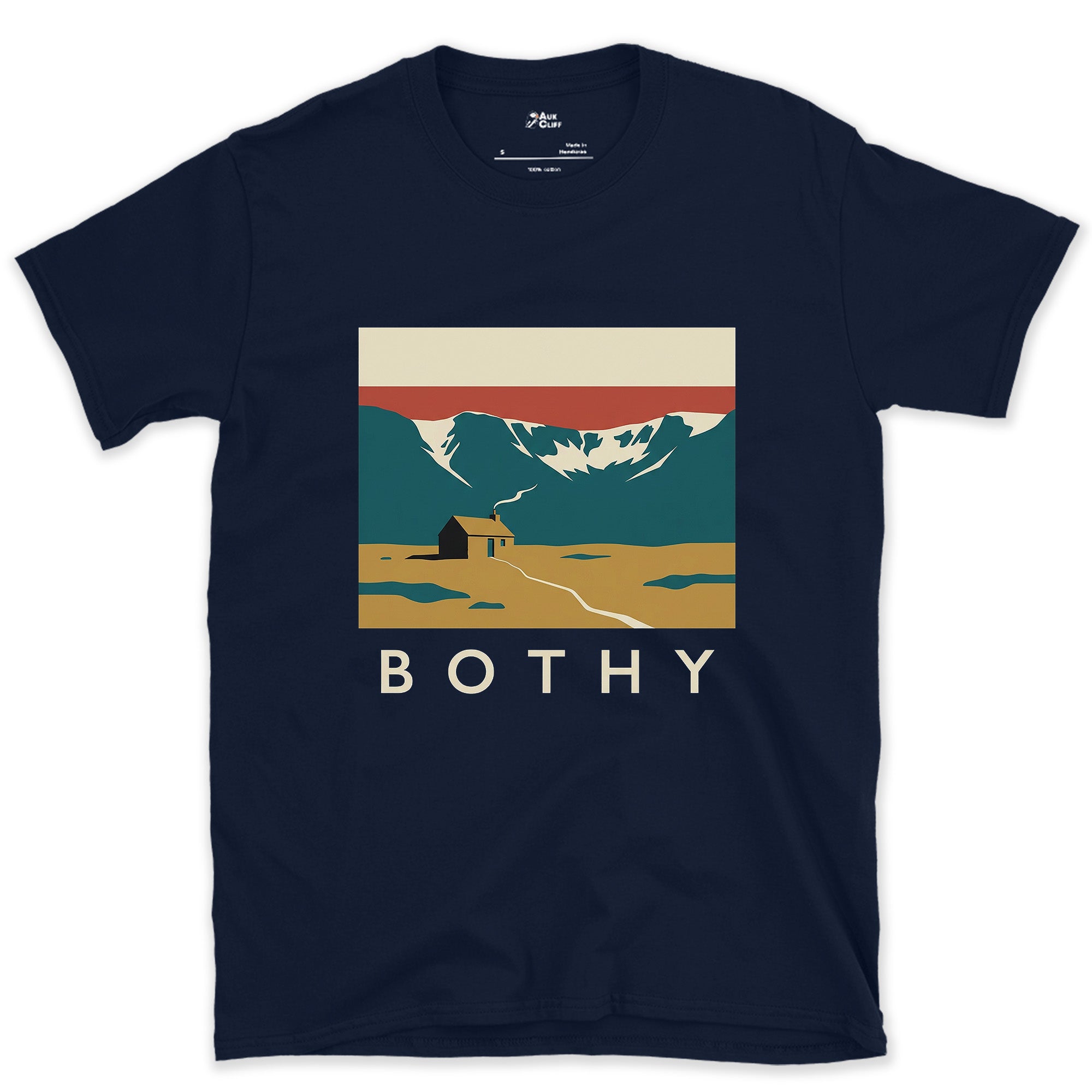 Bothy Hut Smoke on an Empty Moor design on a Navy Gildan Softstyle t-shirt