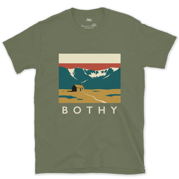 Bothy Hut Smoke on an Empty Moor design on a Military Green Gildan Softstyle t-shirt
