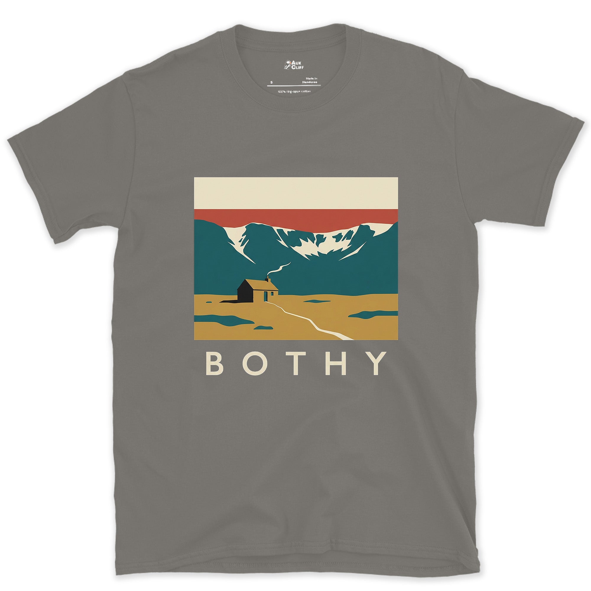 Bothy Hut Smoke on an Empty Moor design on a Charcoal Gildan Softstyle t-shirt