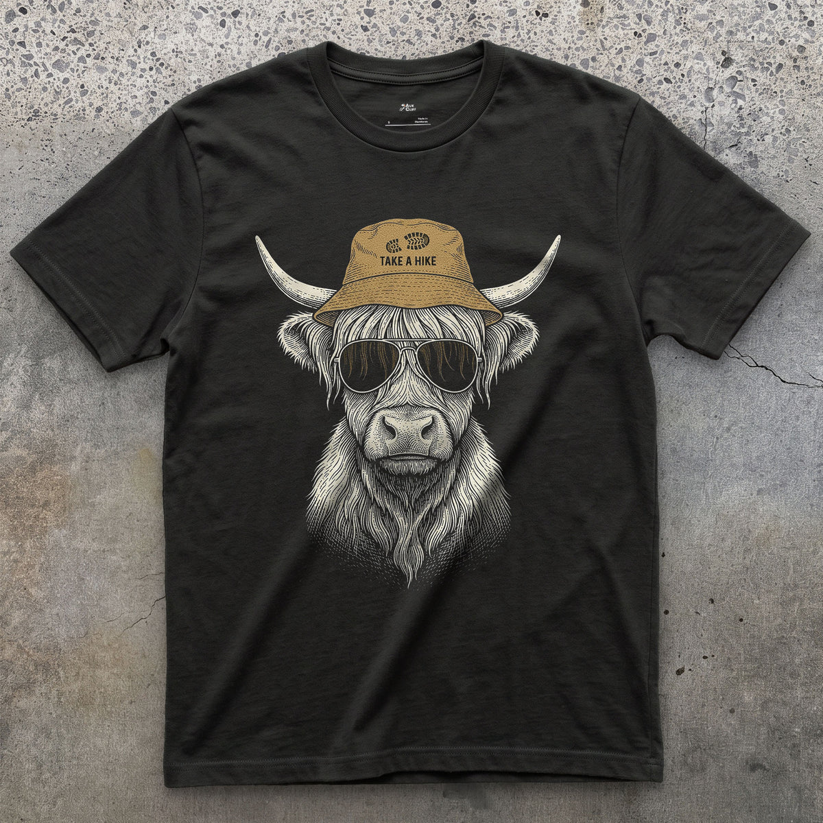 Take a Hike, Highland Cow in a Bucket Hat design on a Black Gildan Softstyle t-shirt
