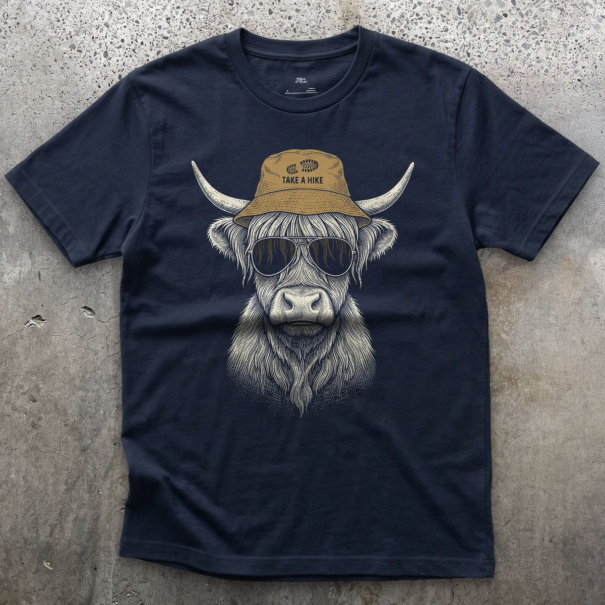 Take a Hike, Highland Cow in a Bucket Hat design on a Navy Gildan Softstyle t-shirt