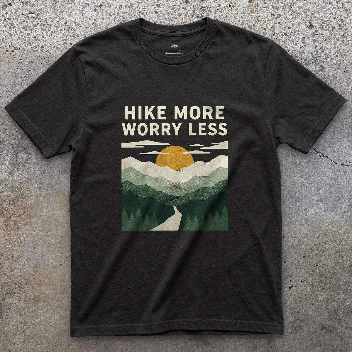 Hike More, Worry Less, Sunrise Trail design on a Black Gildan Softstyle t-shirt