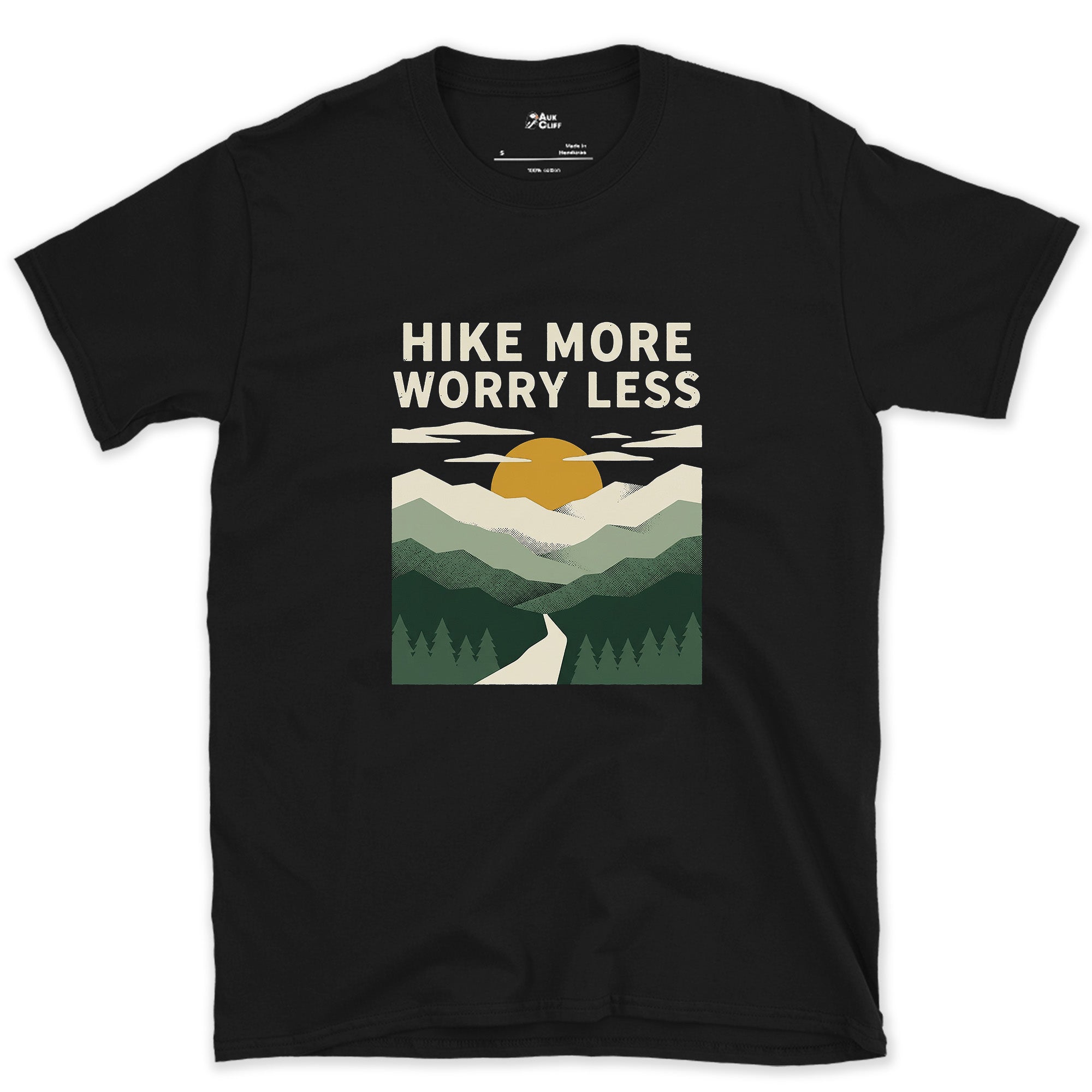 Hike More, Worry Less, Sunrise Trail design on a Black Gildan Softstyle t-shirt