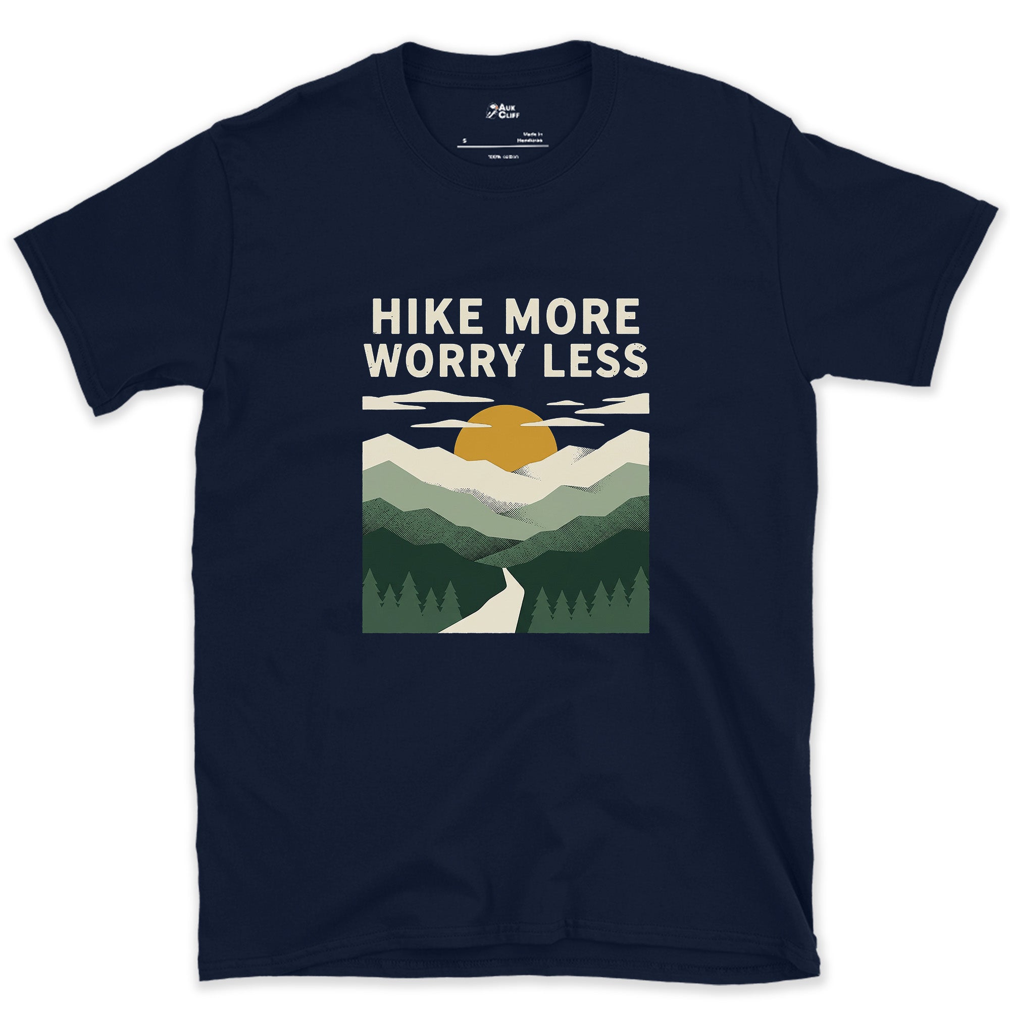 Hike More, Worry Less, Sunrise Trail design on a Navy Gildan Softstyle t-shirt