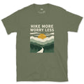 Hike More, Worry Less, Sunrise Trail design on a Military Green Gildan Softstyle t-shirt