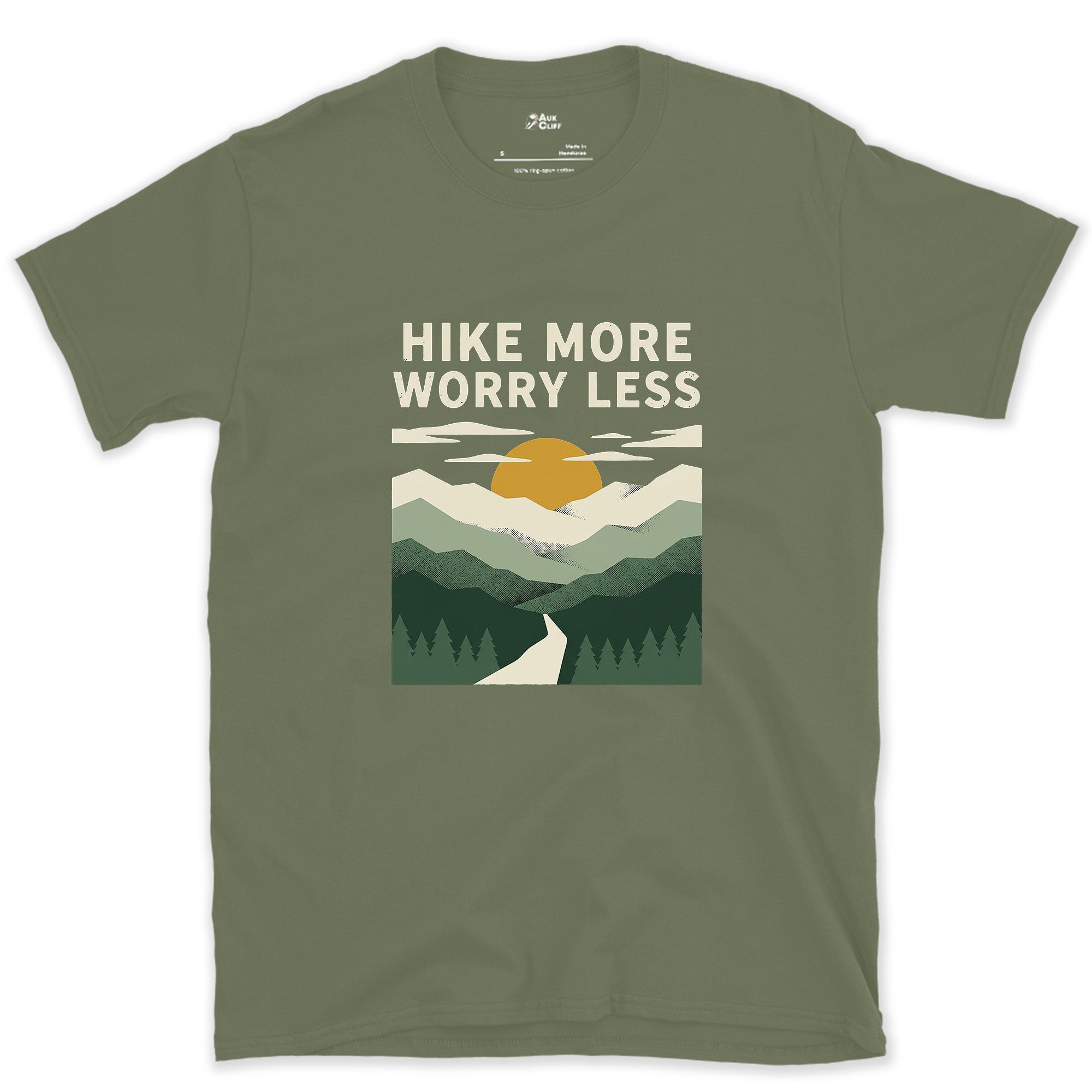 Hike More, Worry Less, Sunrise Trail design on a Military Green Gildan Softstyle t-shirt