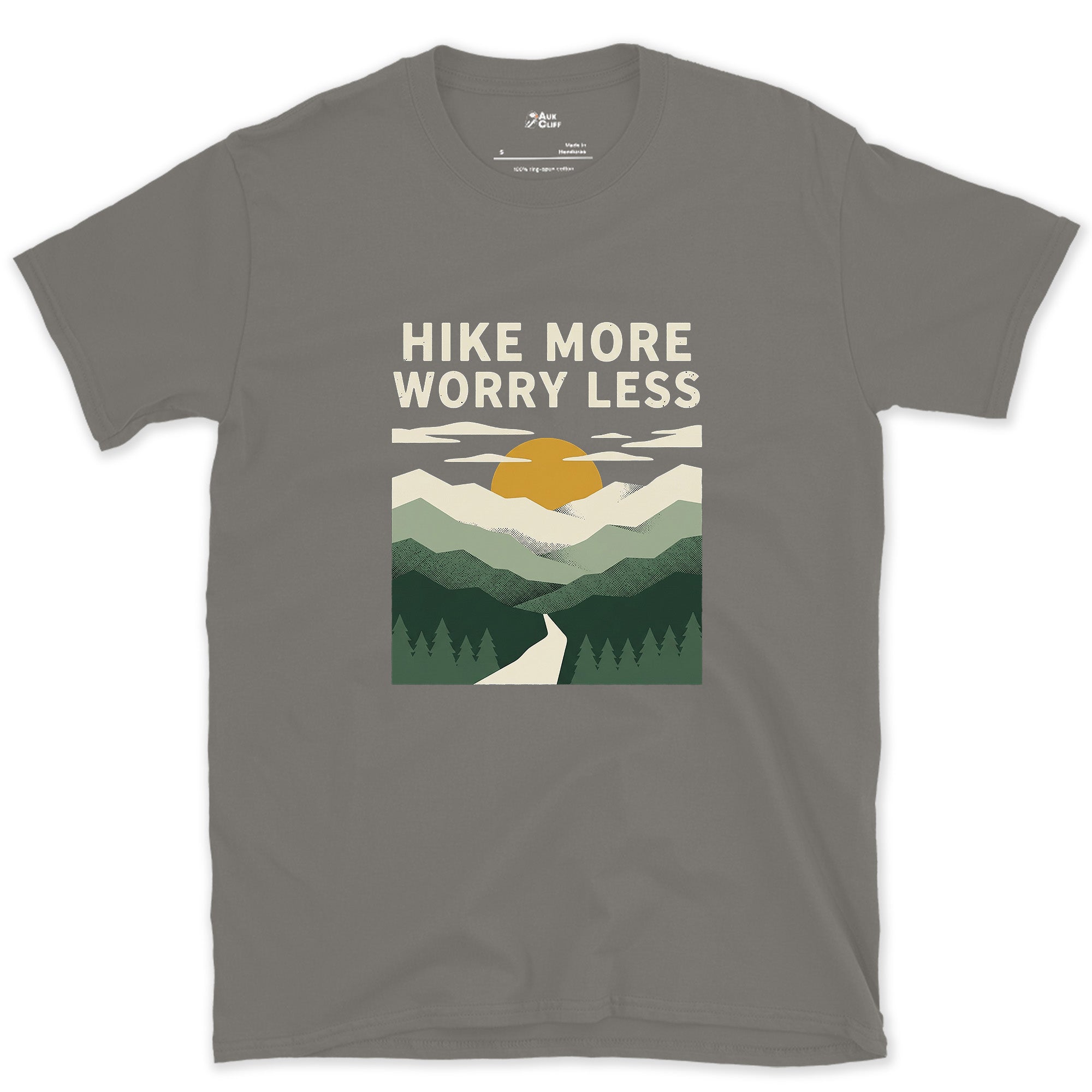 Hike More, Worry Less, Sunrise Trail design on a Charcoal Gildan Softstyle t-shirt
