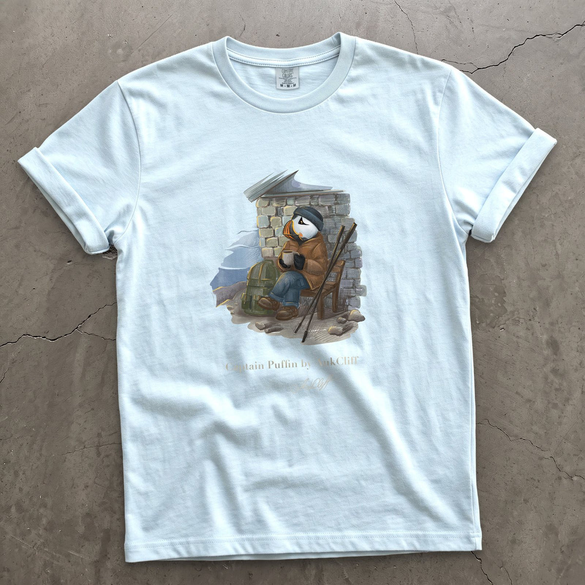 Captain Puffin Alpine Bothy on a Chambray Comfort Colors t-shirt