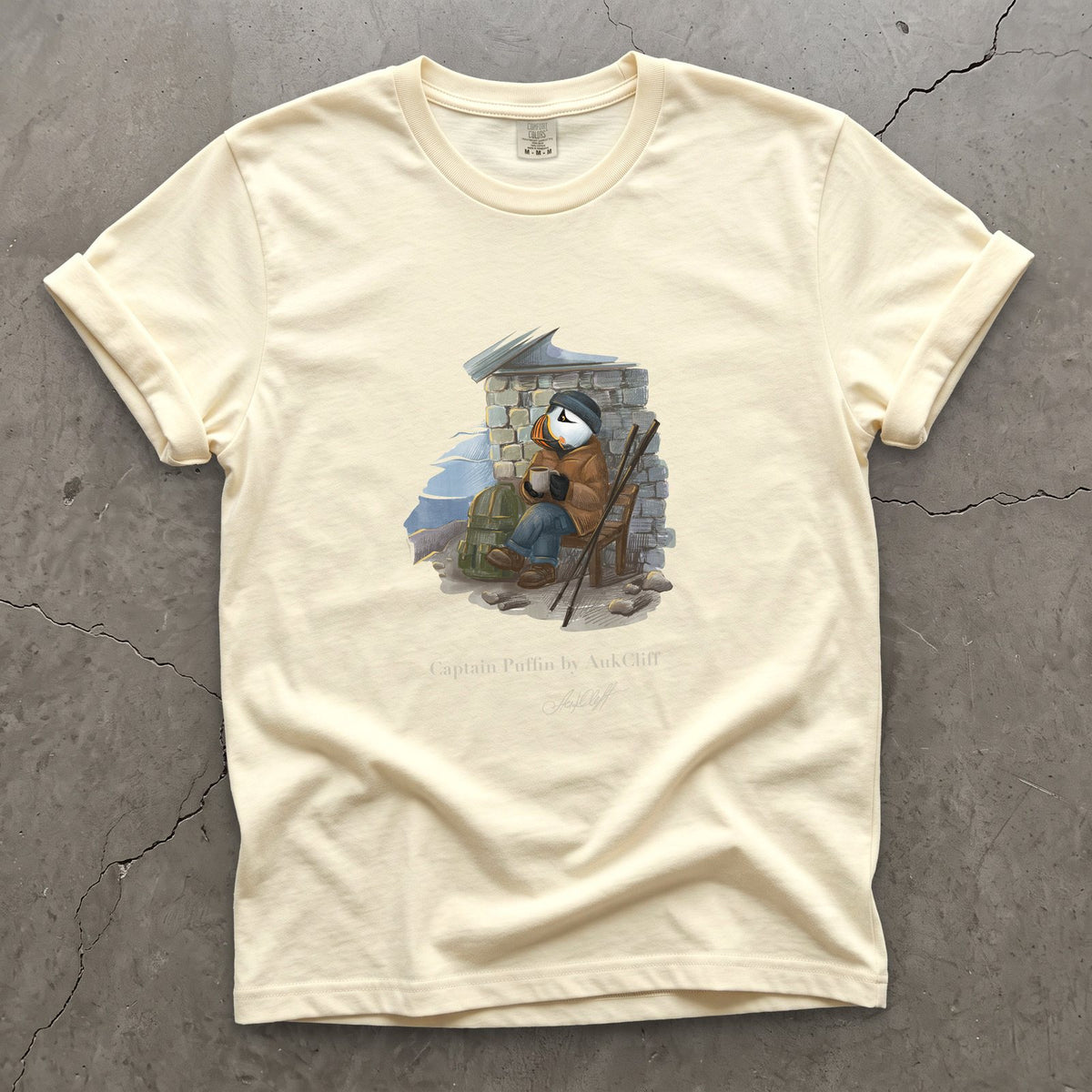 Captain Puffin Alpine Bothy on a Ivory Comfort Colors t-shirt