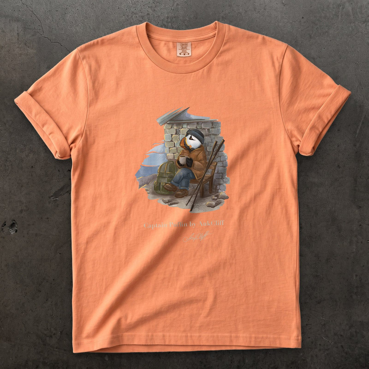 Captain Puffin Alpine Bothy on a Terracotta Comfort Colors t-shirt
