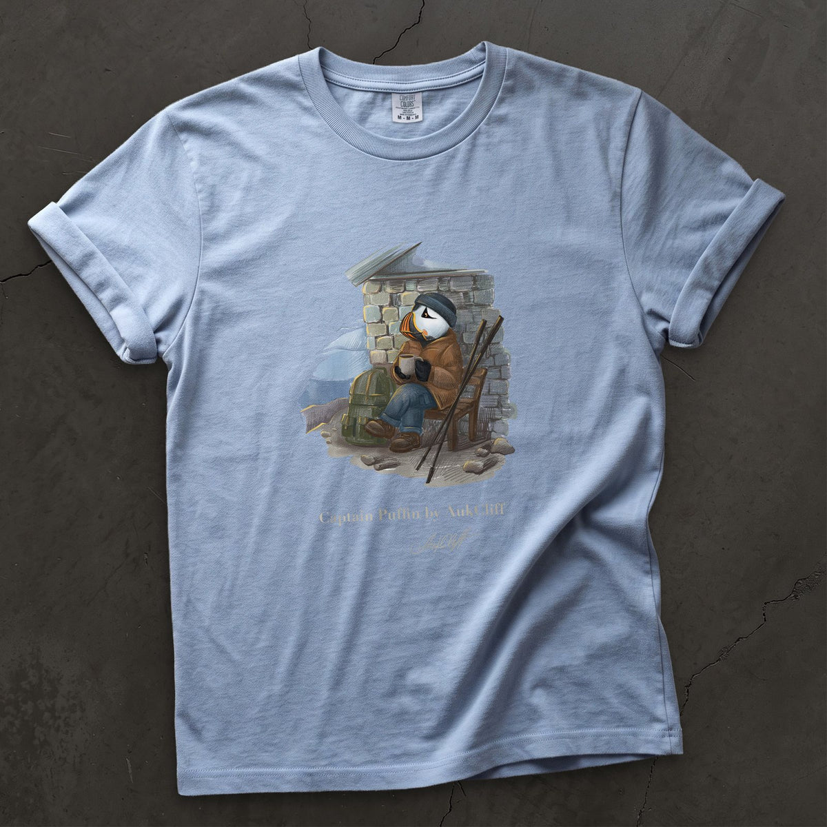 Captain Puffin Alpine Bothy on a Washed Denim Comfort Colors t-shirt