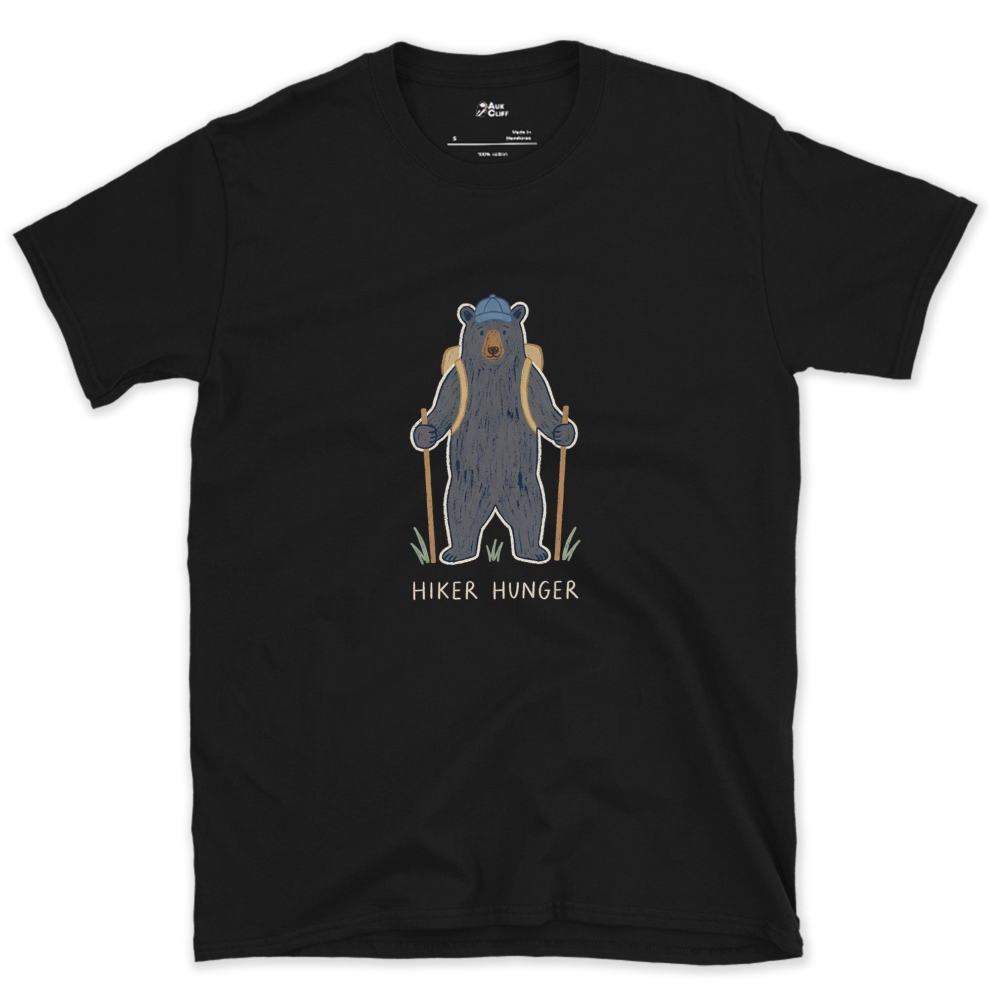 Hiker Hunger, Bear With Trekking Poles design on a Black Gildan Softstyle t-shirt