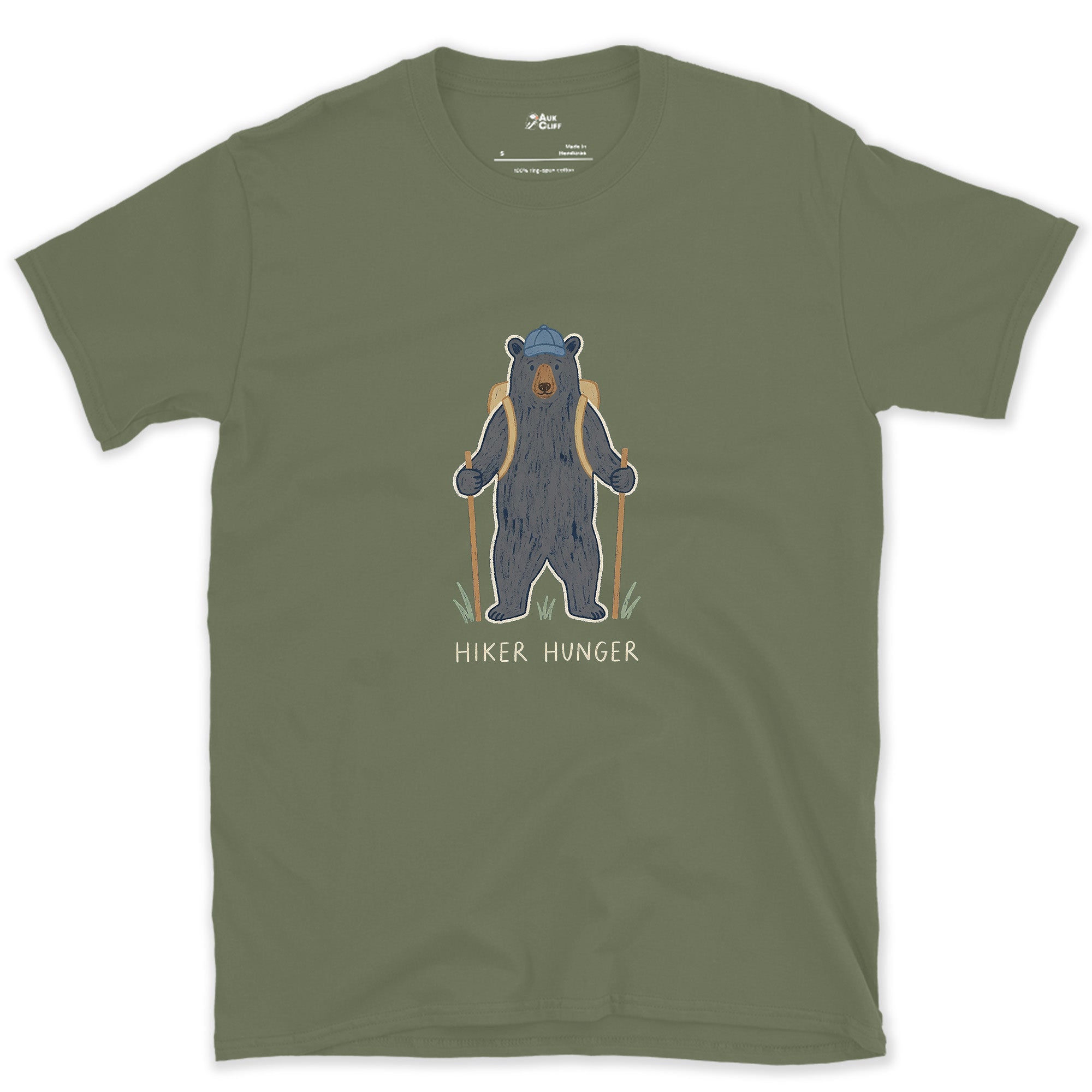 Hiker Hunger, Bear With Trekking Poles design on a Military Green Gildan Softstyle t-shirt