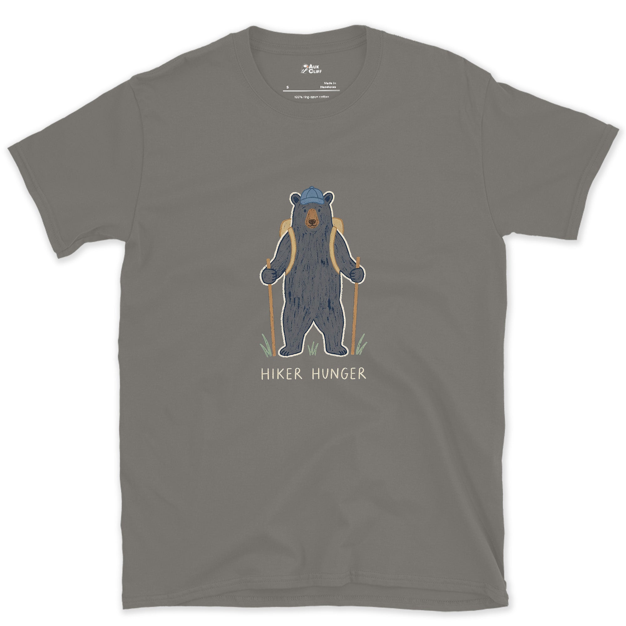 Hiker Hunger, Bear With Trekking Poles design on a Charcoal Gildan Softstyle t-shirt