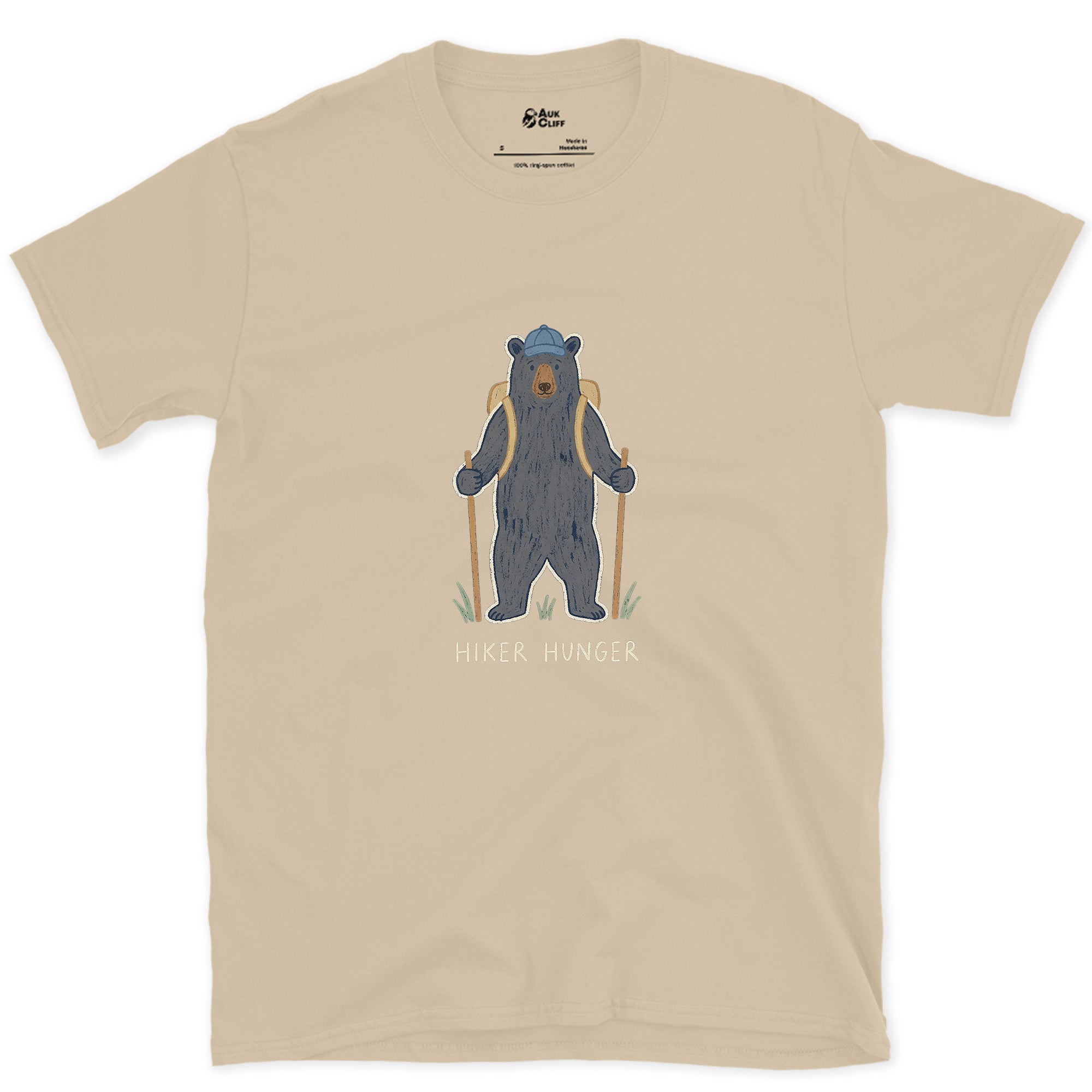 Hiker Hunger, Bear With Trekking Poles design on a Sand Gildan Softstyle t-shirt