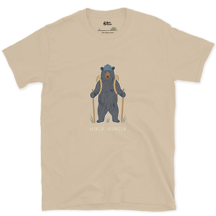 Hiker Hunger, Bear With Trekking Poles design on a Sand Gildan Softstyle t-shirt
