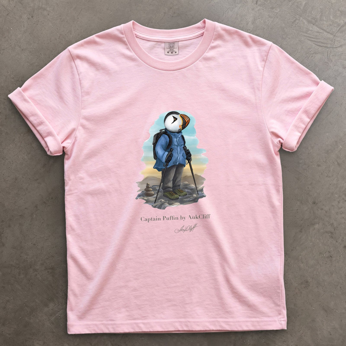 Captain Puffin Summit Hiker on a Blossom Comfort Colors t-shirt