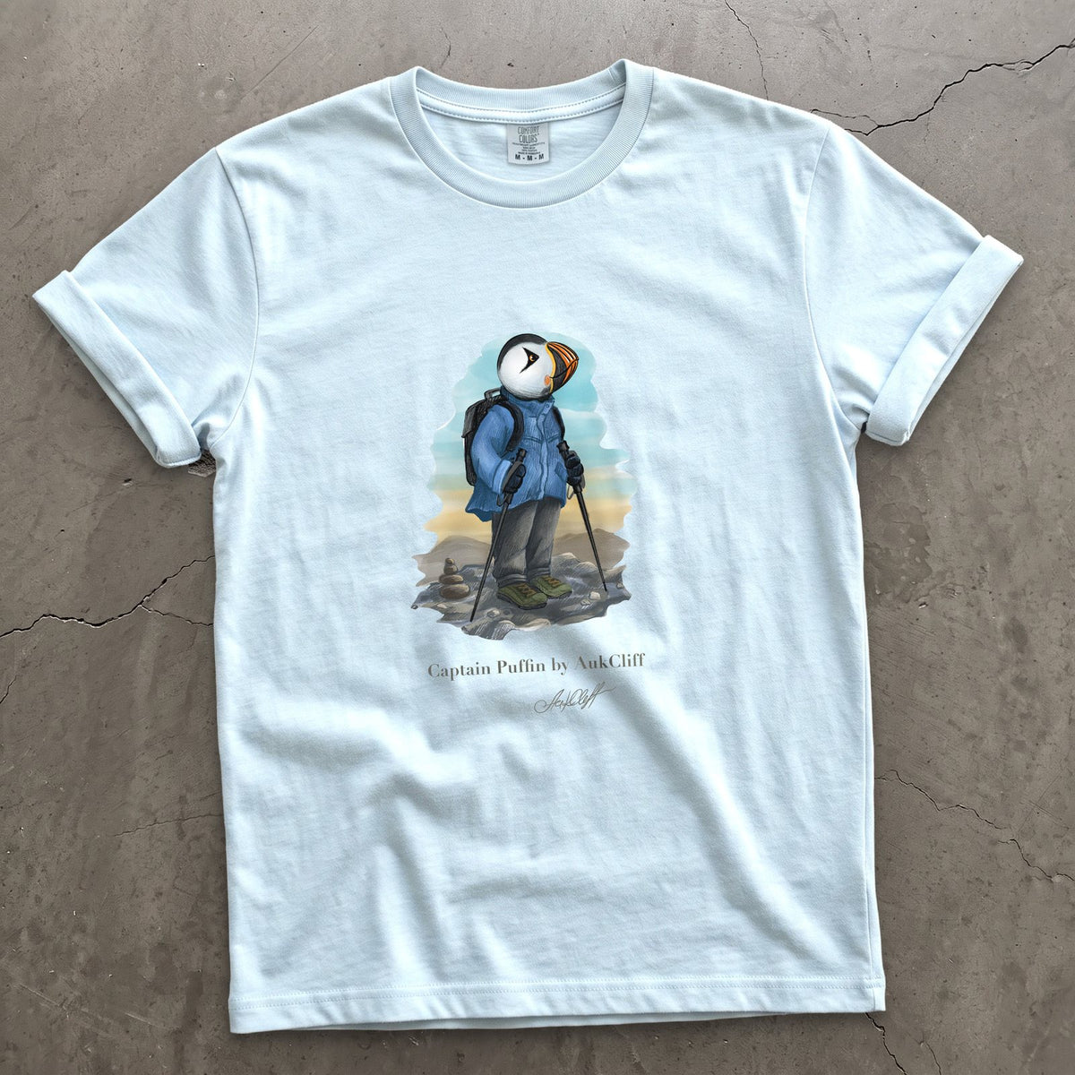 Captain Puffin Summit Hiker on a Chambray Comfort Colors t-shirt