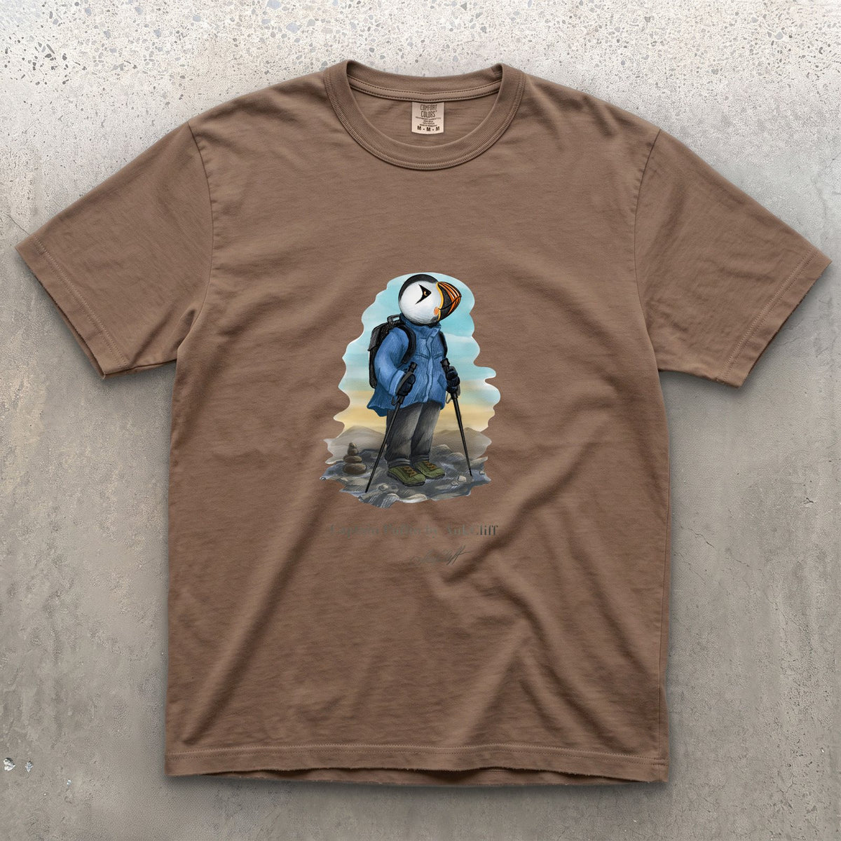 Captain Puffin Summit Hiker on a Espresso Comfort Colors t-shirt