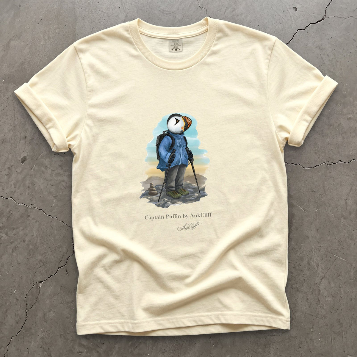 Captain Puffin Summit Hiker on a Ivory Comfort Colors t-shirt