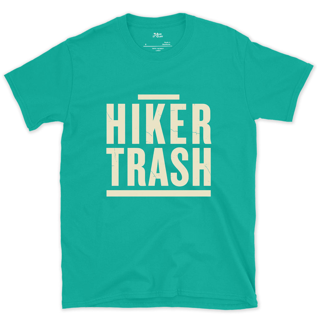 Hiker Trash Too Far In to Care design on a Jade Dome Gildan Softstyle t-shirt