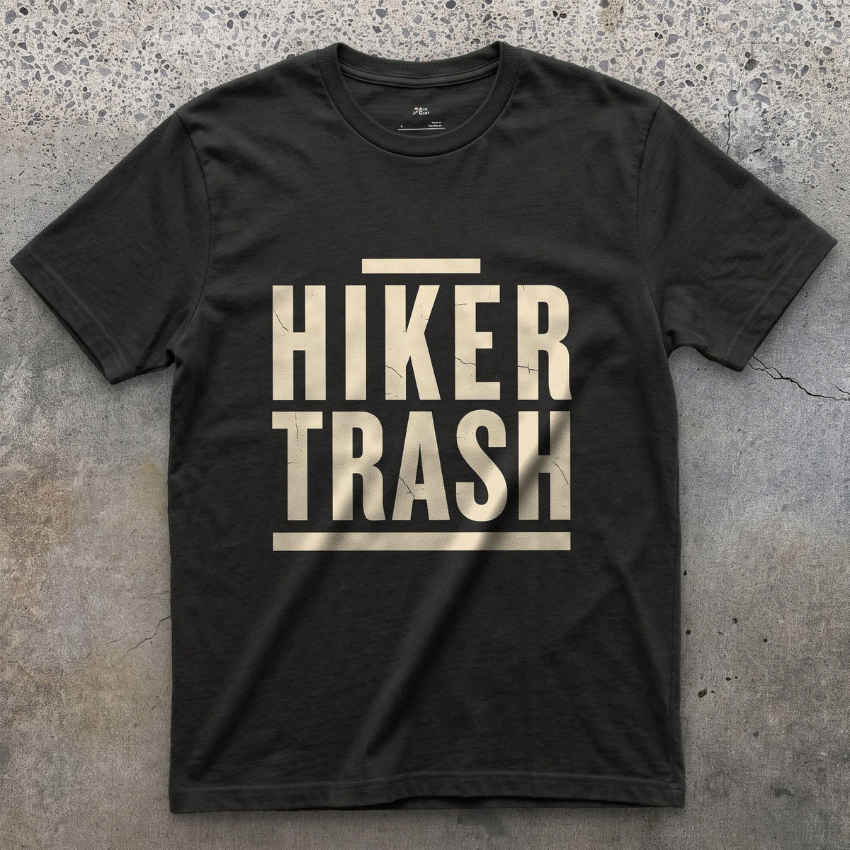 Hiker Trash Too Far In to Care design on a Black Gildan Softstyle t-shirt