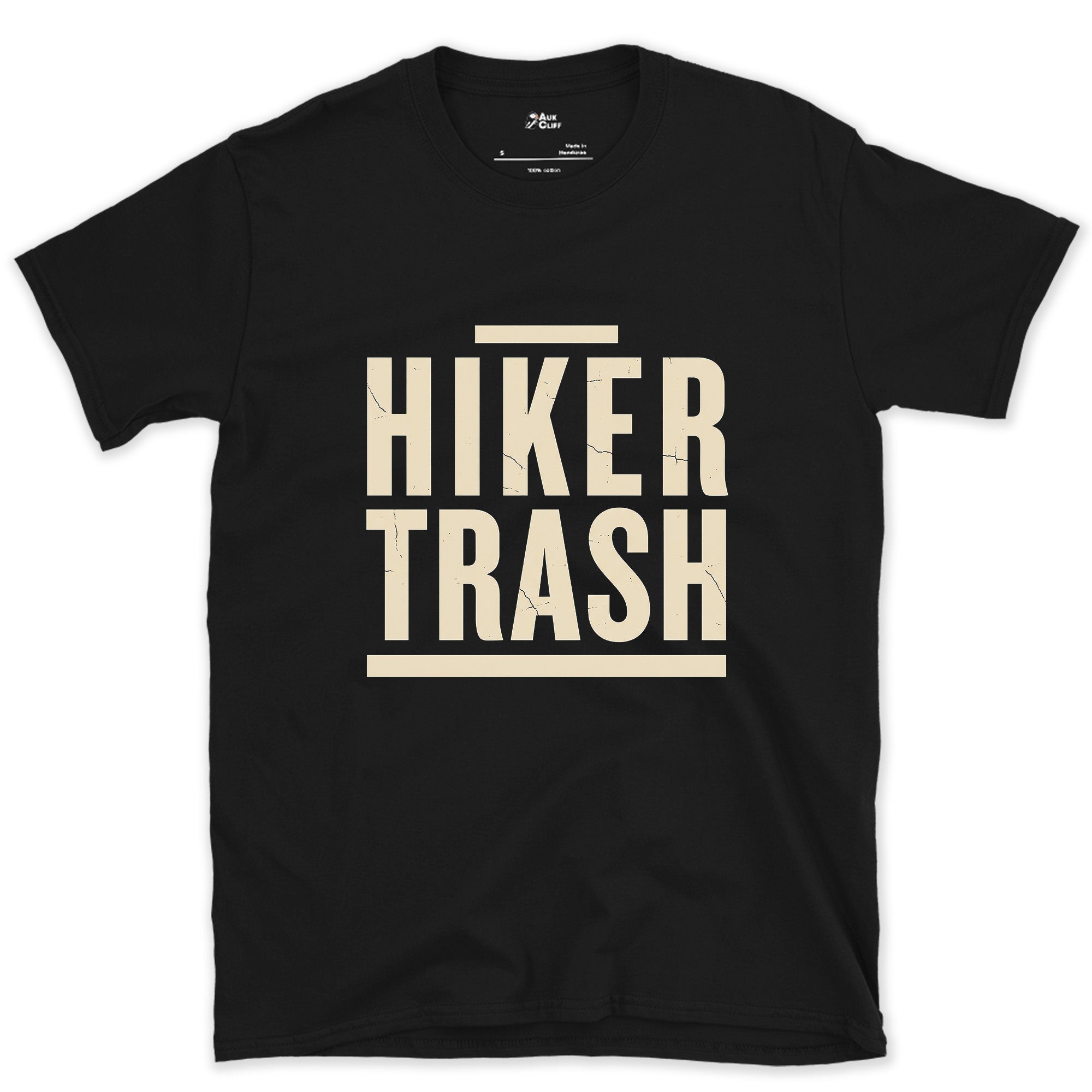 Hiker Trash Too Far In to Care design on a Black Gildan Softstyle t-shirt