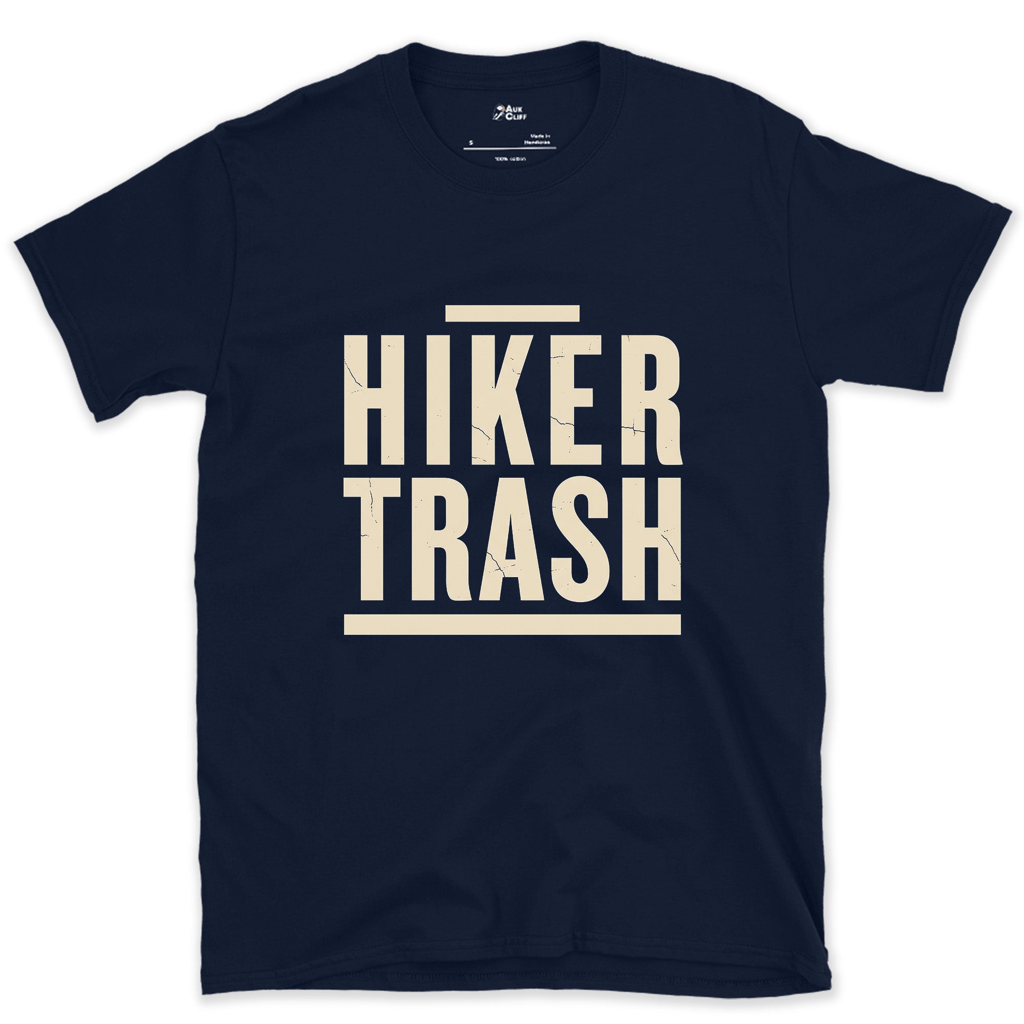 Hiker Trash Too Far In to Care design on a Navy Gildan Softstyle t-shirt