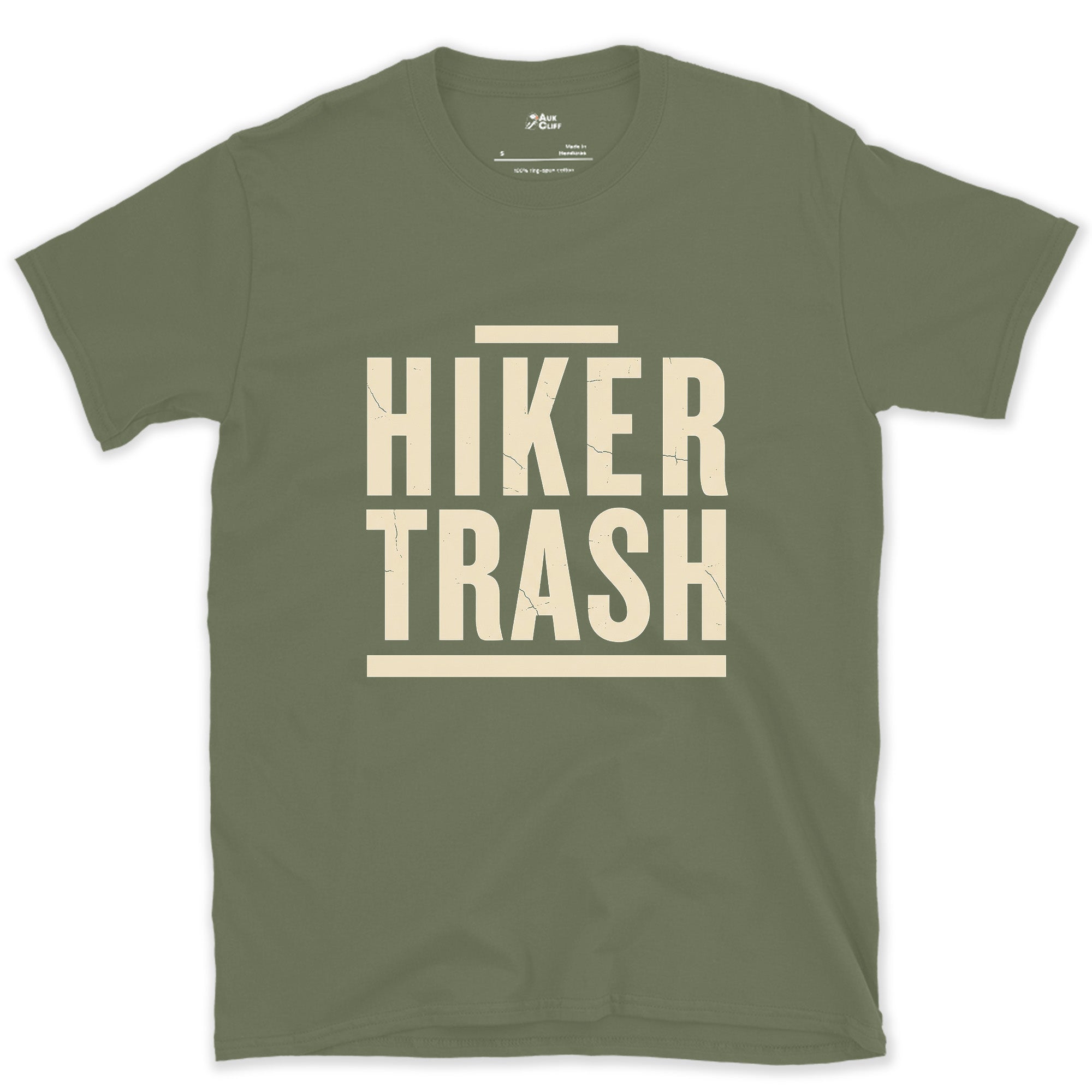 Hiker Trash Too Far In to Care design on a Military Green Gildan Softstyle t-shirt