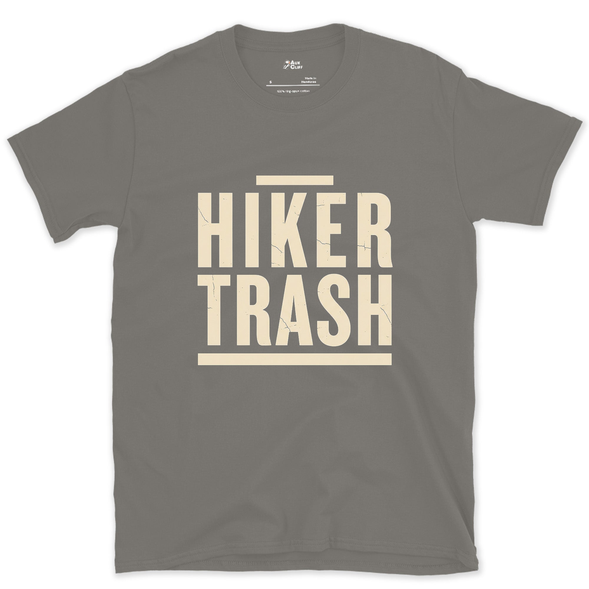 Hiker Trash Too Far In to Care design on a Charcoal Gildan Softstyle t-shirt