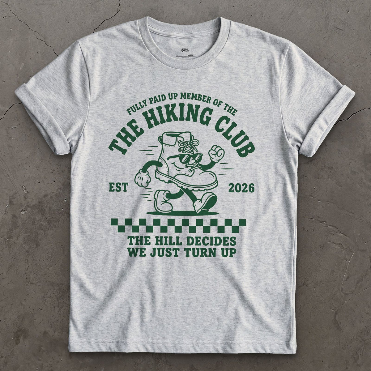 Fully Paid Up Member of the Hiking Club, Hill Decides design on a Sport Grey Gildan Softstyle t-shirt