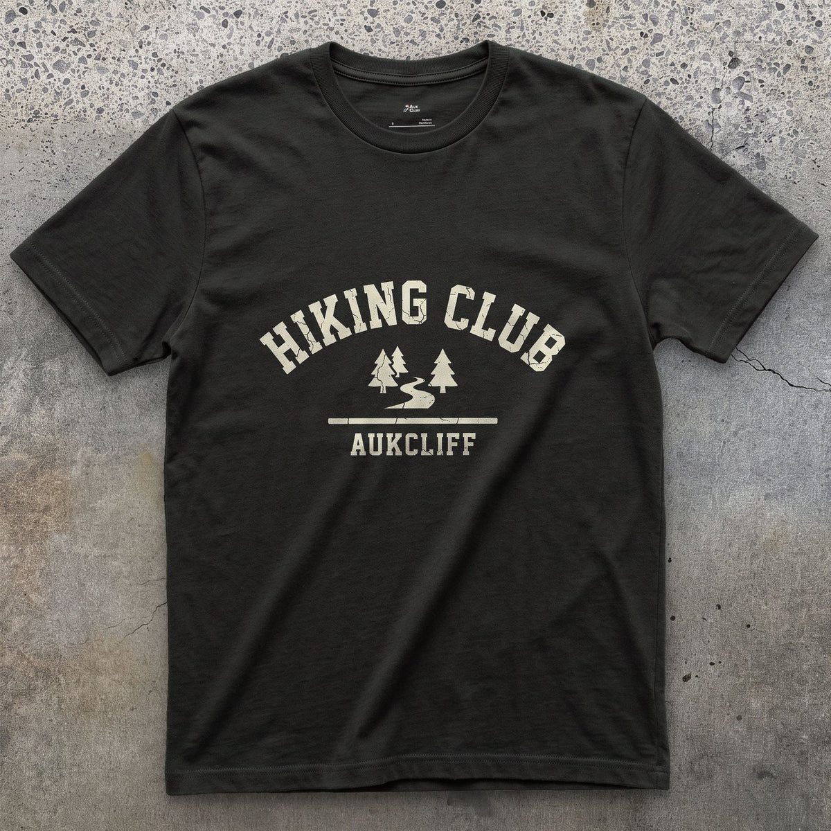 Hiking Club Mountain Trail Badge design on a Black Gildan Softstyle t-shirt