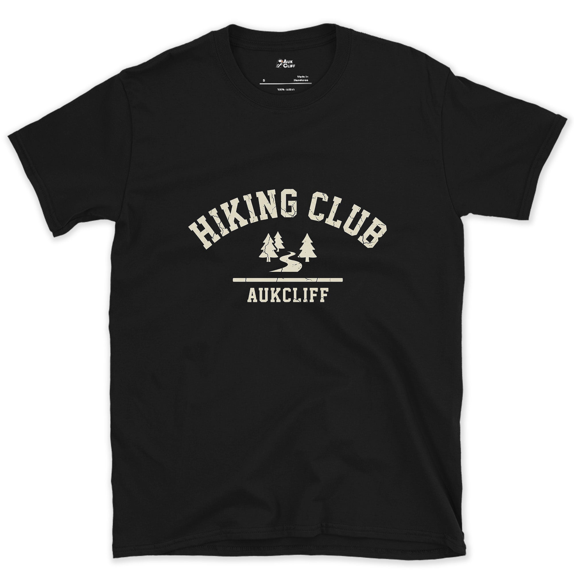 Hiking Club Mountain Trail Badge design on a Black Gildan Softstyle t-shirt