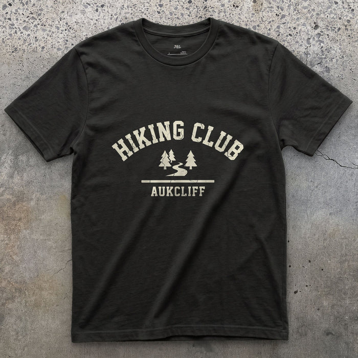 Hiking Club Mountain Trail Badge design on a Black Gildan Softstyle t-shirt