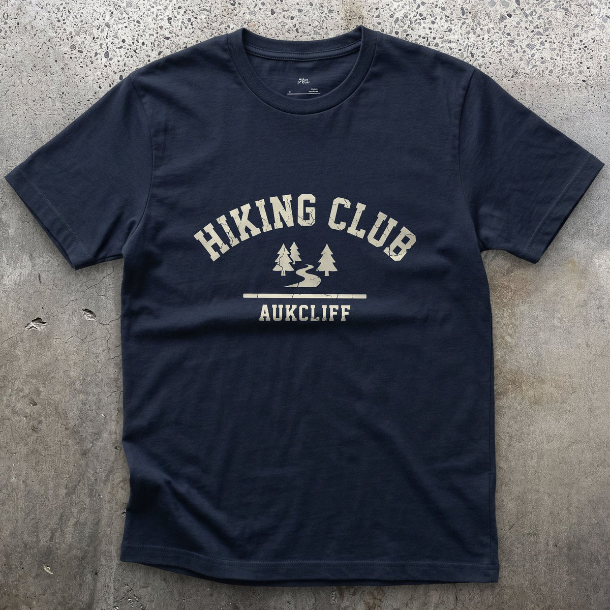 Hiking Club Mountain Trail Badge design on a Navy Gildan Softstyle t-shirt