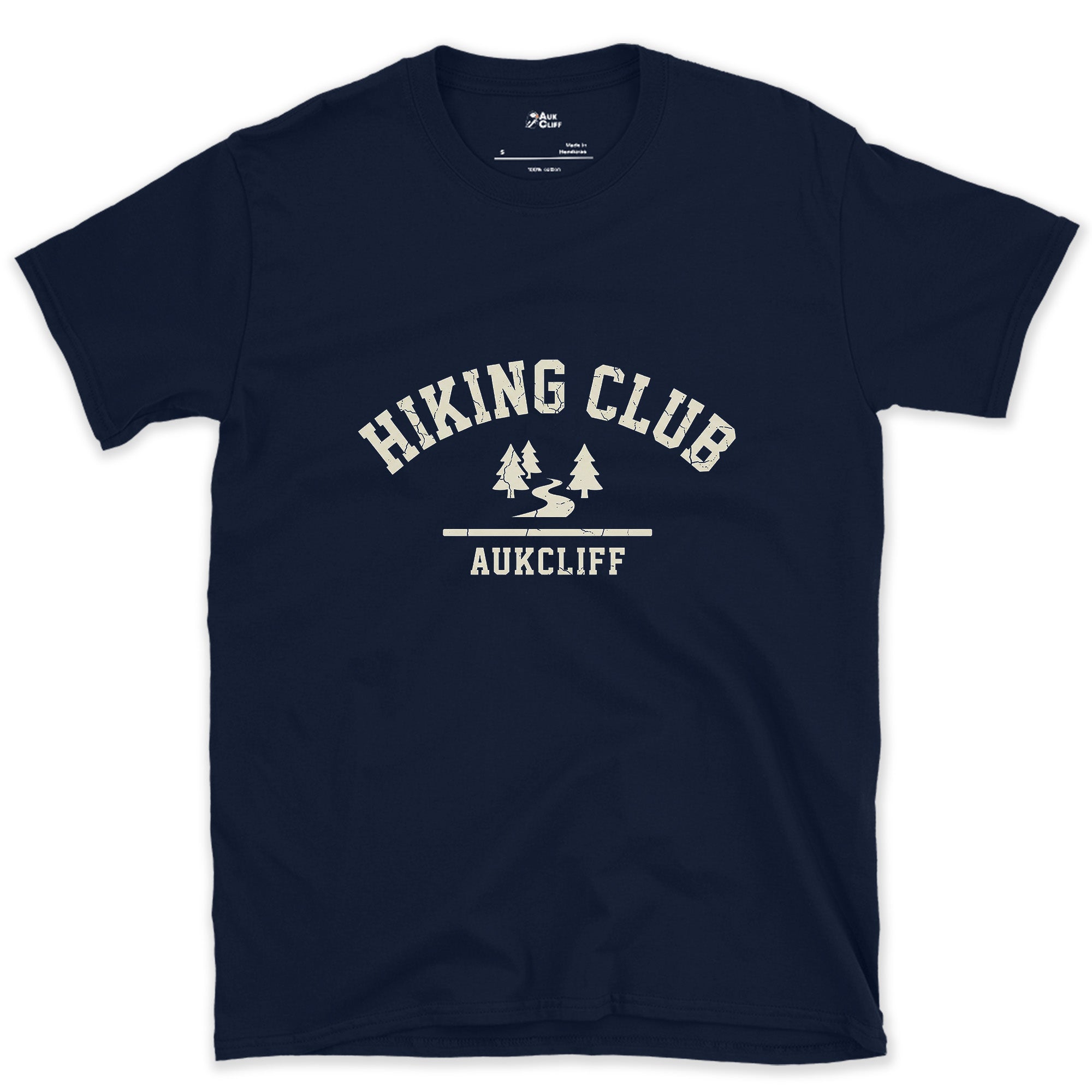 Hiking Club Mountain Trail Badge design on a Navy Gildan Softstyle t-shirt