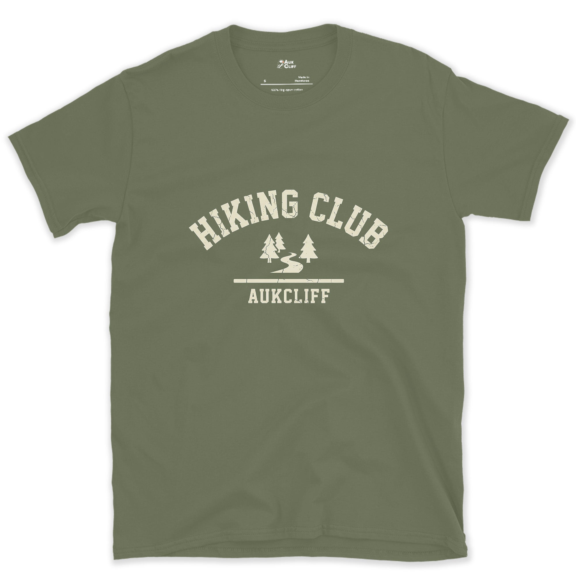 Hiking Club Mountain Trail Badge design on a Military Green Gildan Softstyle t-shirt