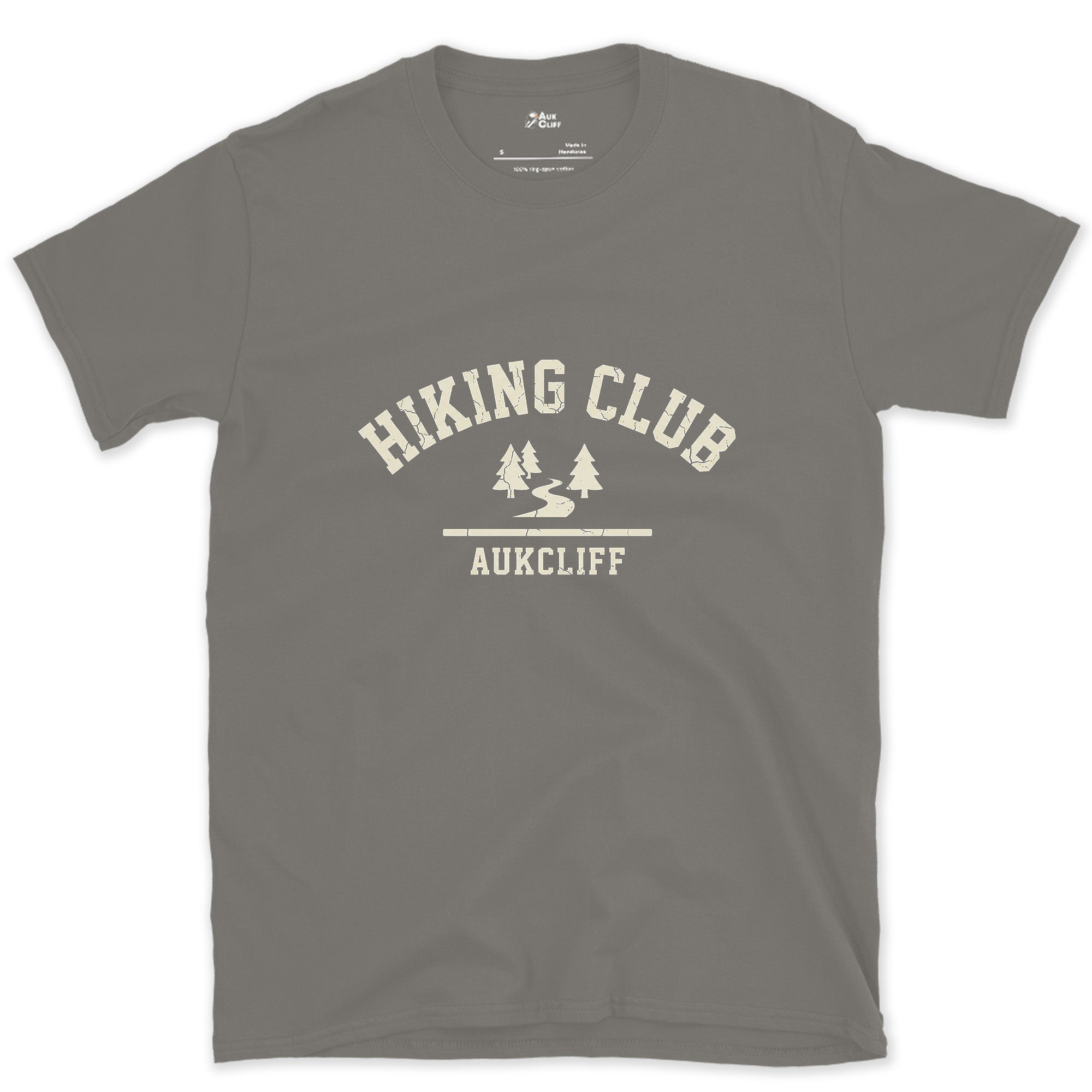 Hiking Club Mountain Trail Badge design on a Charcoal Gildan Softstyle t-shirt