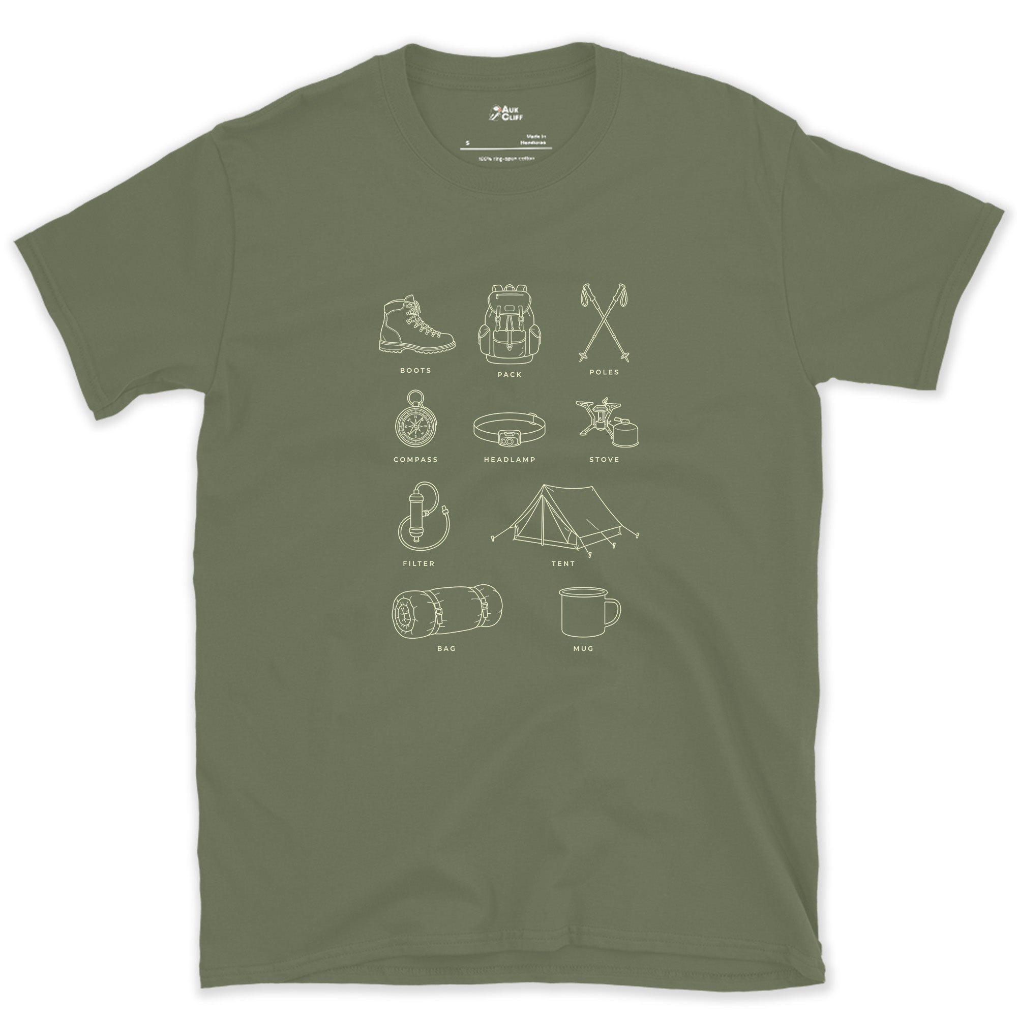 Ten Things Worth Double Checking Before You Hike design on a Military Green Gildan Softstyle t-shirt