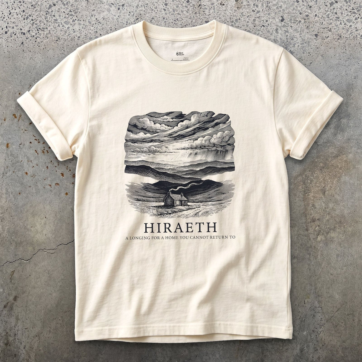 Hiraeth, a Longing for a Home You Cannot Return to design on a Natural Gildan Softstyle t-shirt