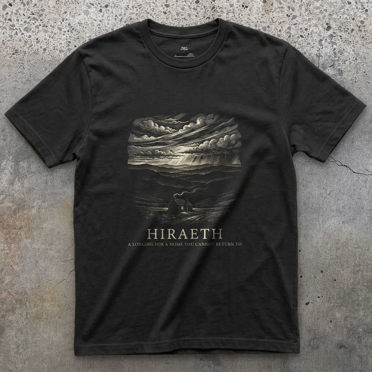 Hiraeth, a Longing for a Home You Cannot Return to design on a Black Gildan Softstyle t-shirt