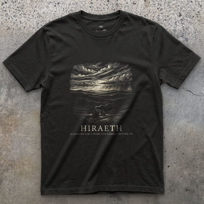 Hiraeth, a Longing for a Home You Cannot Return to design on a Black Gildan Softstyle t-shirt