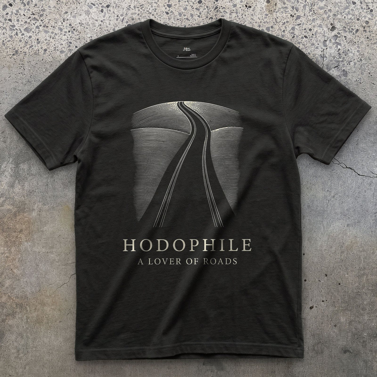 Hodophile, a Lover of Roads design on a Black Gildan Softstyle t-shirt