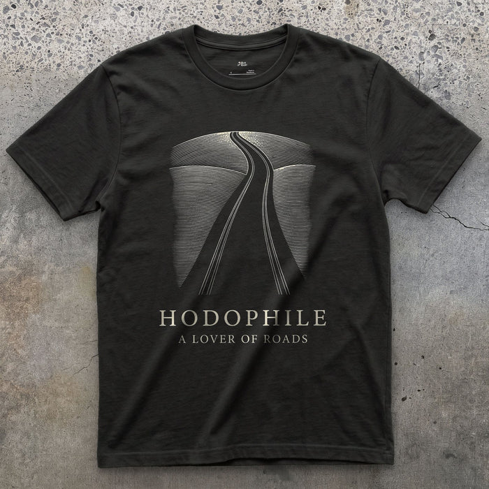 Hodophile, a Lover of Roads design on a Black Gildan Softstyle t-shirt