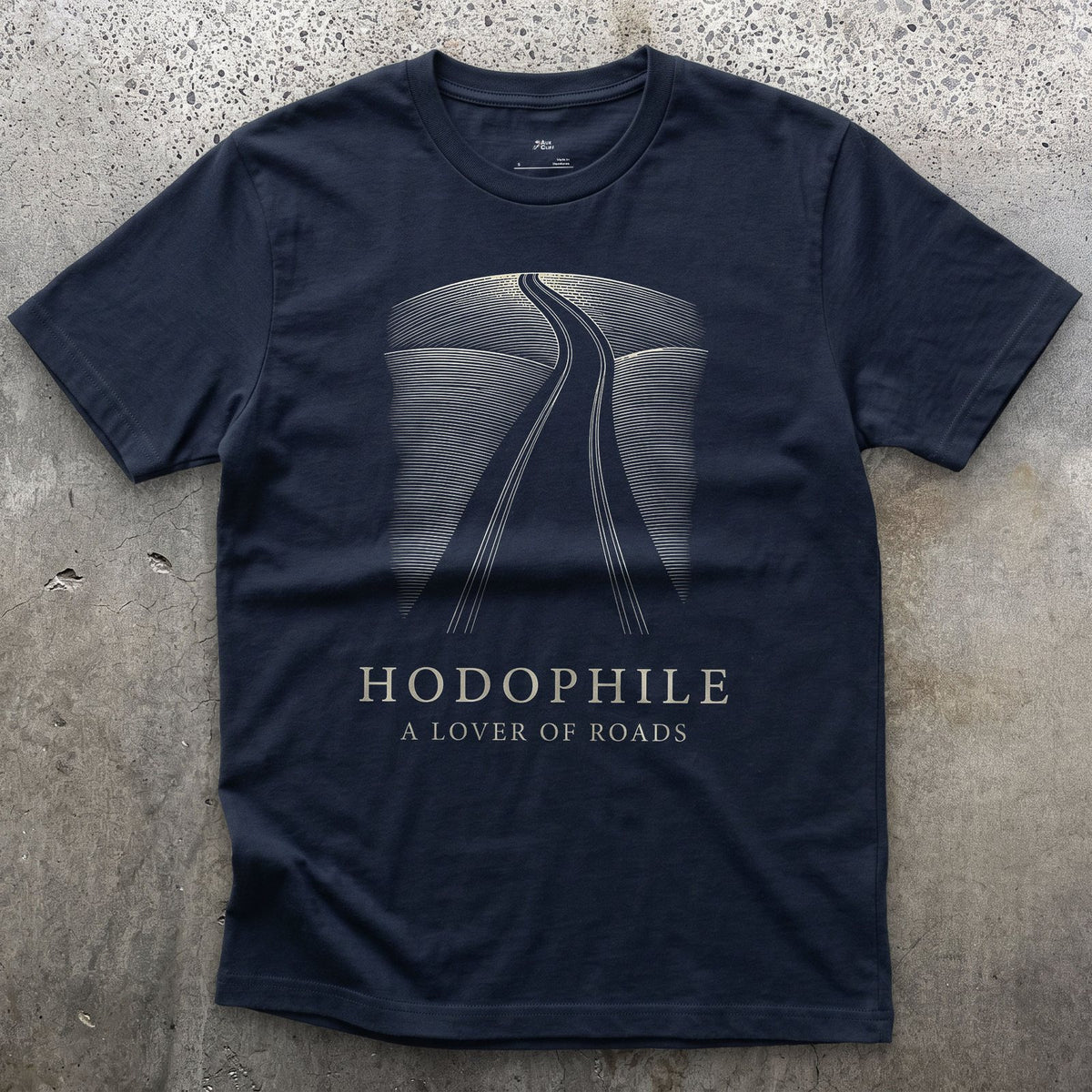 Hodophile, a Lover of Roads design on a Navy Gildan Softstyle t-shirt