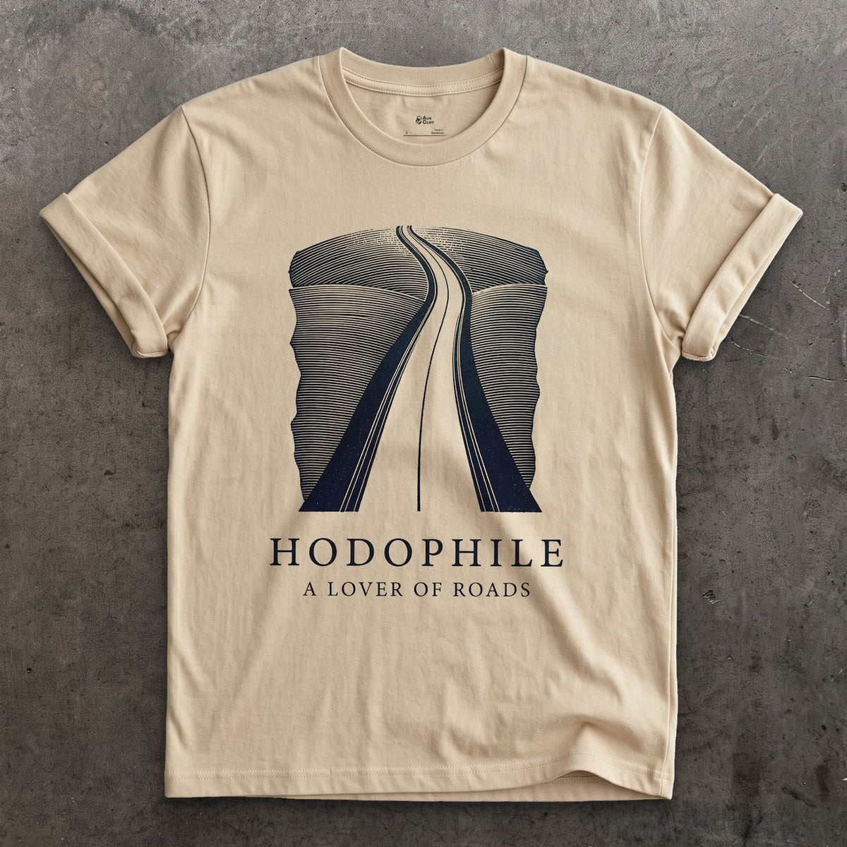 Hodophile, a Lover of Roads design on a Sand Gildan Softstyle t-shirt